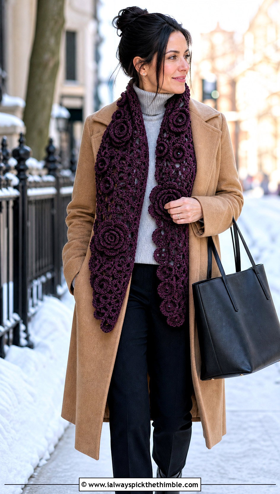 Rosette Applique Crochet Scarf With Coat And Ankle Boots - 25 crochet flower scarf outfit ideas