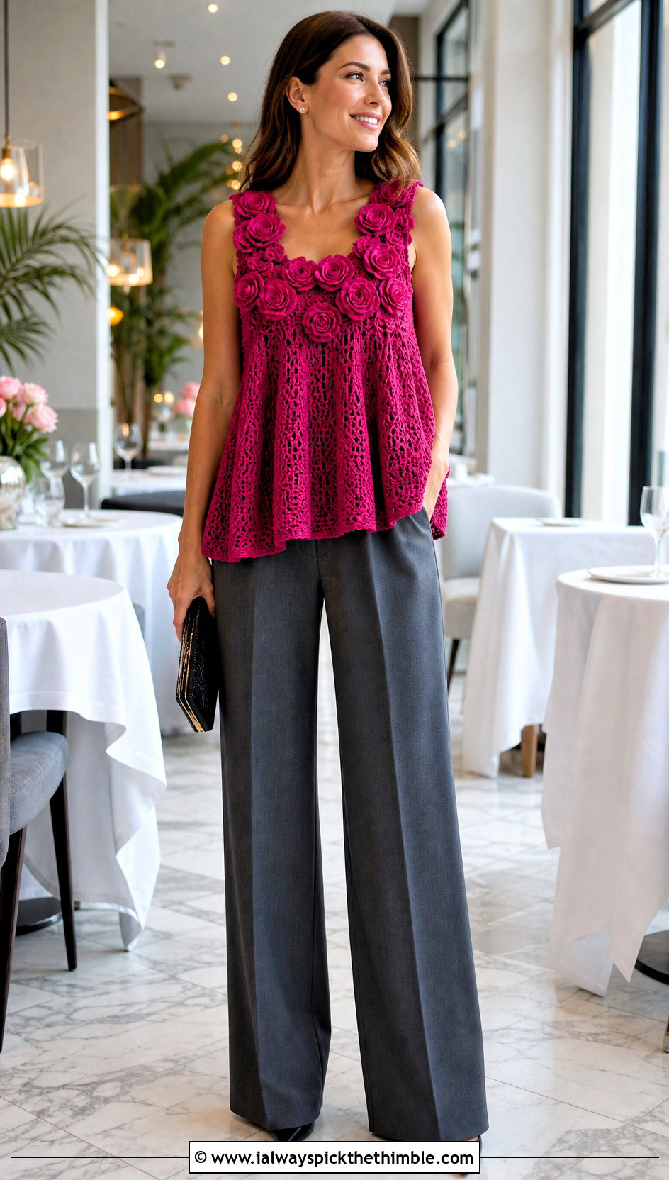 Rosette Crochet Babydoll Top With Suit Trousers - 25 crochet babydoll top outfit ideas