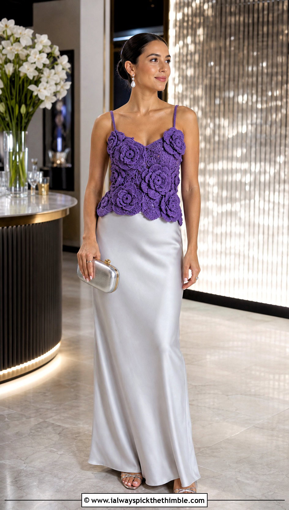 Rosette Crochet Camisole Top With Satin Maxi Skirt - 25 floral crochet top outfit ideas