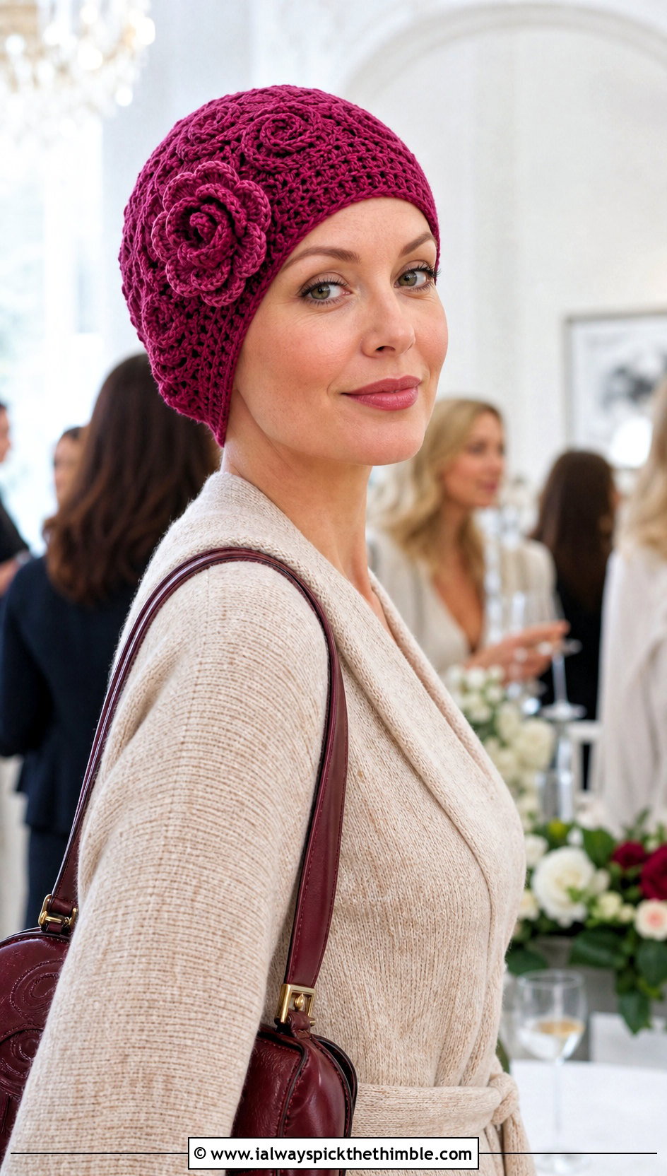 Rosette Crochet Chemo Cap With Sweater Dress - 20 crochet chemo hat outfit ideas