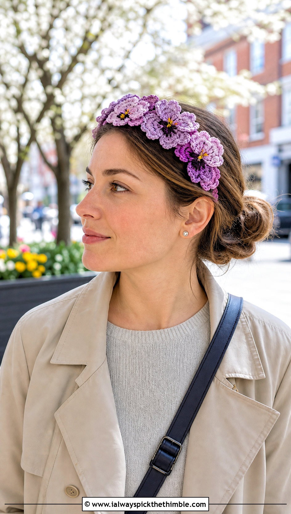 Rosette Crochet Lace Headband With Trench Coat - 20 crochet lace headband outfit ideas