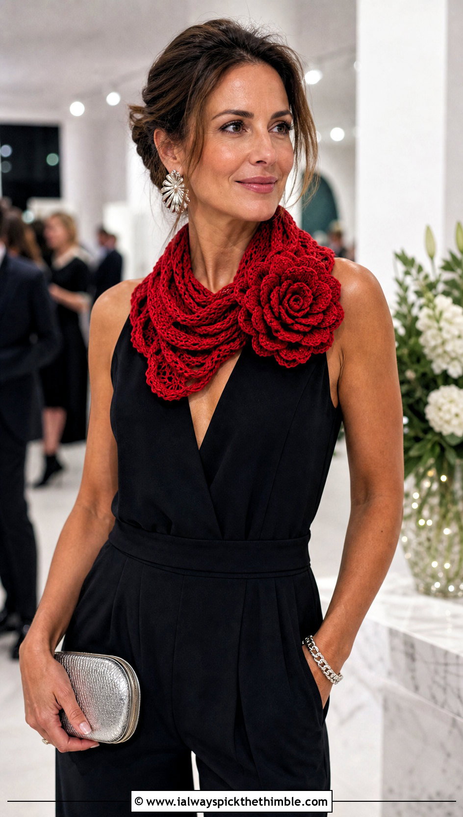 Rosette Crochet Scarf With Tailored Jumpsuit And Heels - 20 crochet scarf with flowers outfit ideas