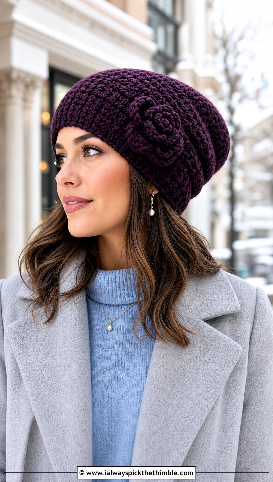 Rosette Crochet Slouch Beanie With Sweater Dress - 20 crochet flower hat outfit ideas