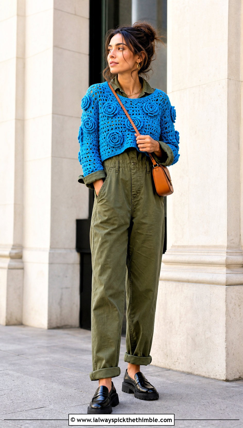 Rosette Cropped Sweater With Utility Jumpsuit - 15 floral crochet sweater style outfit ideas