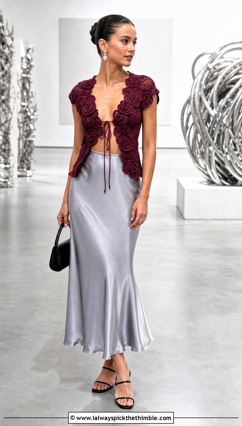 Rosette Edge Crochet Tie Top With Metallic Skirt - 25 crochet tie top outfit ideas