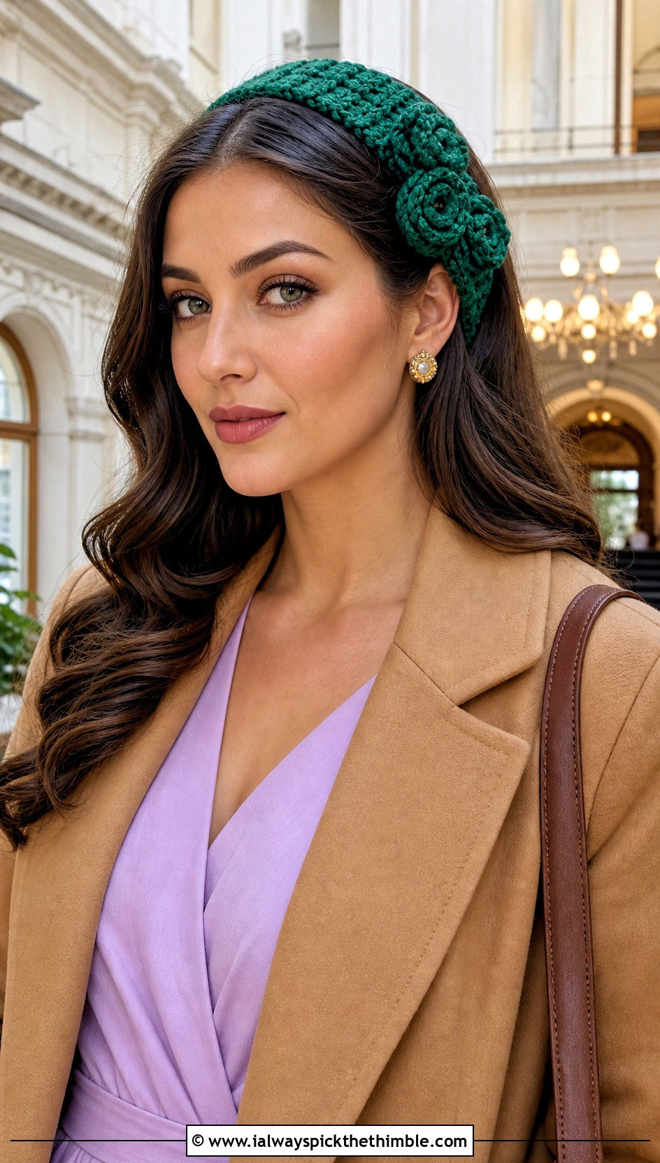 Rosette Green Crochet Headband With Coat And Midi Dress - 20 green crochet headband outfit ideas