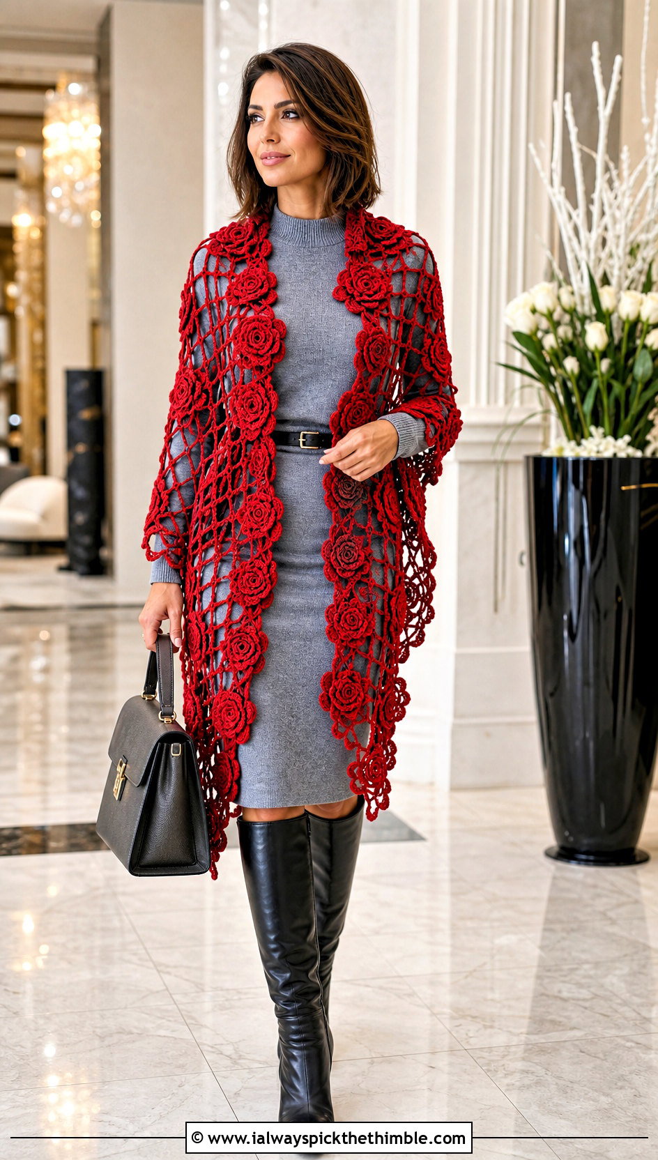 Rosette Lattice Irish Crochet Shawl With Sweater Dress - 20 Irish Crochet Shawl outfit ideas