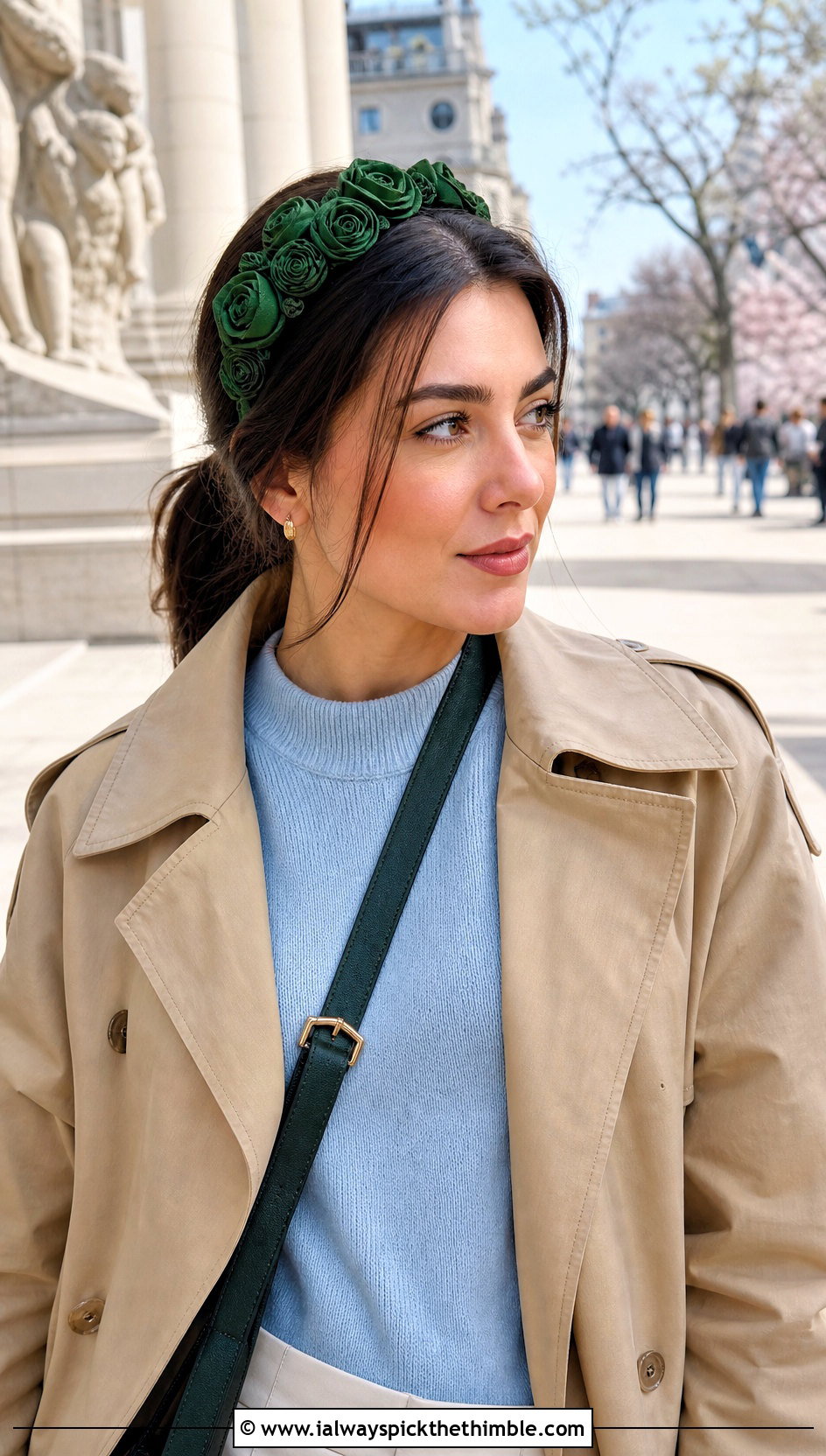 Rosette Puff Flower Headband With Trench Coat Outfit - 20 crochet puff flower headband outfit ideas