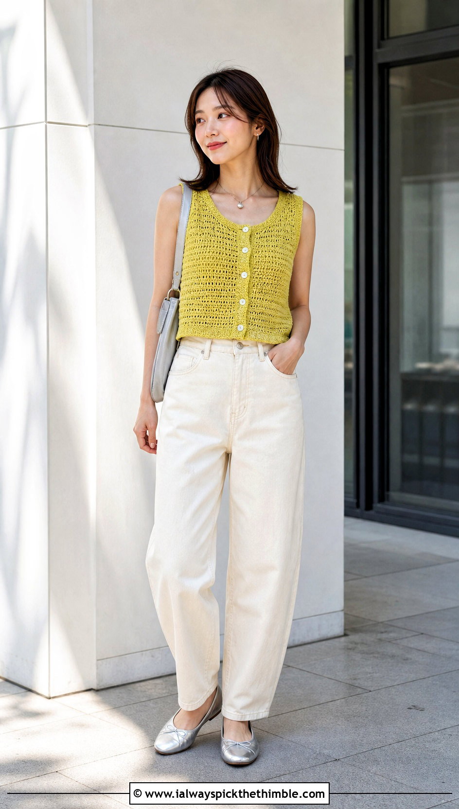 Round Neck Crochet Button Vest With Barrel Jeans - 25 crochet button vest outfit ideas