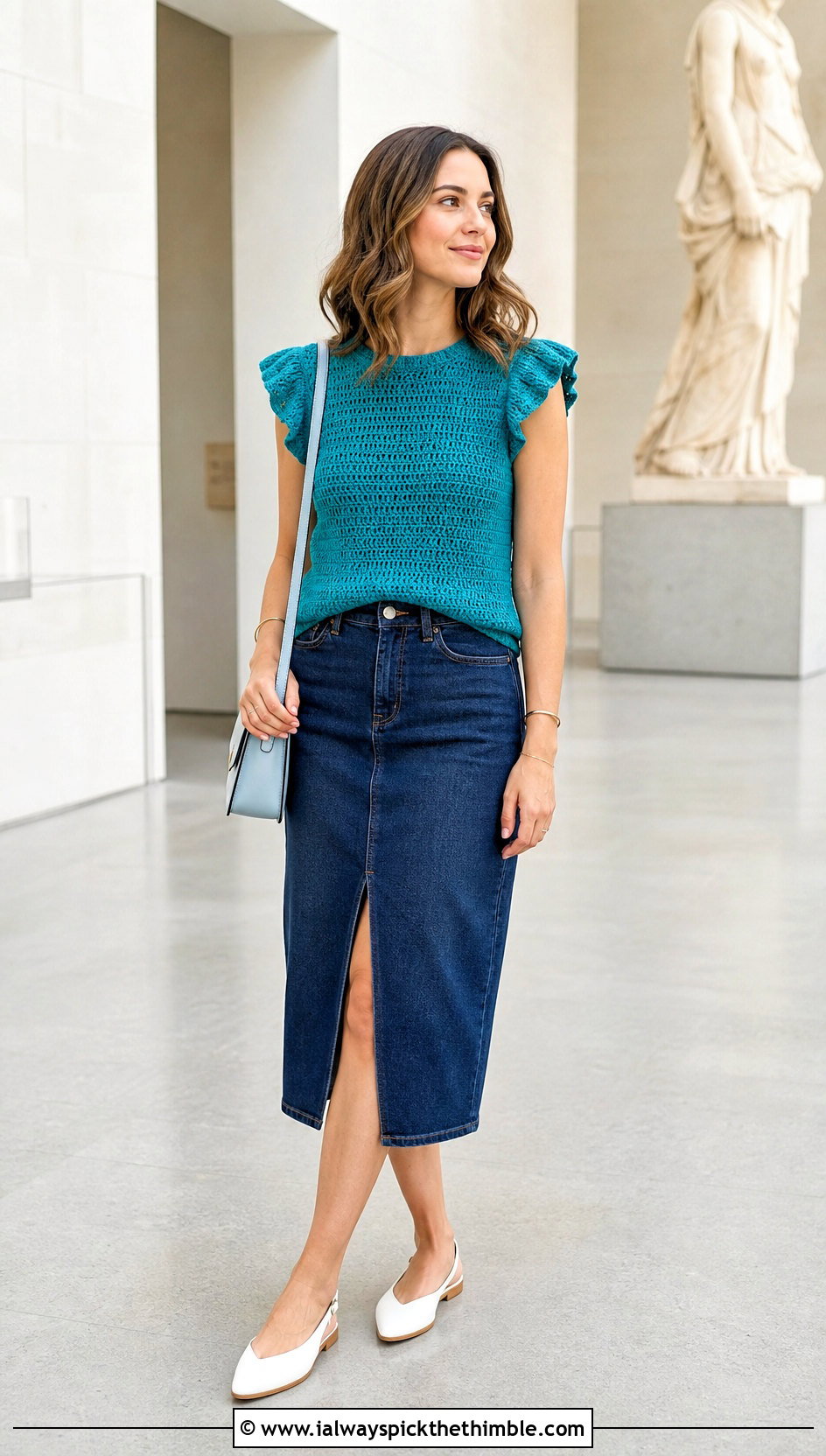 Round Neck Crochet Cap Ruffle Top With Denim Midi Skirt - 20 crochet ruffle sleeve top outfit ideas