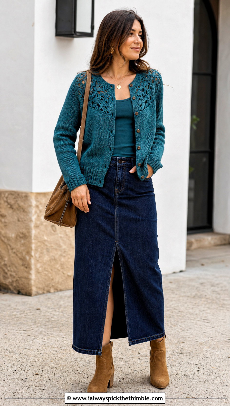 Round Yoke Crochet Button Sweater With Denim Maxi Skirt - 20 Crochet Button Sweater outfit ideas