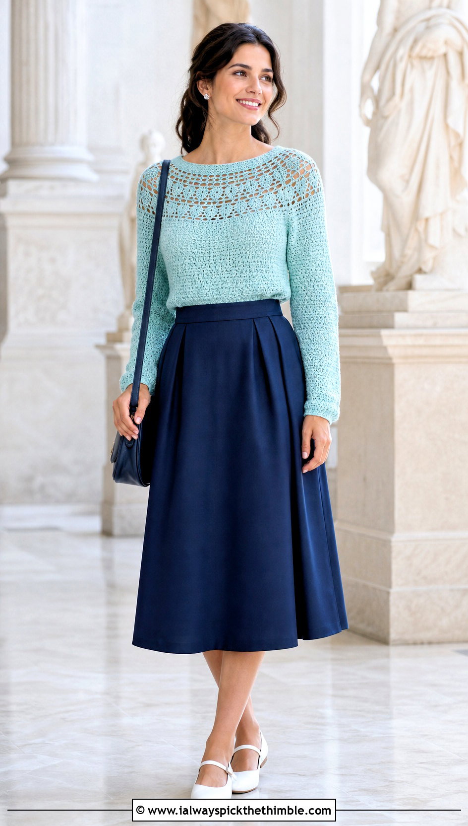 Round Yoke Crochet Light Sweater With A Line Skirt - 25 crochet light sweater outfit ideas