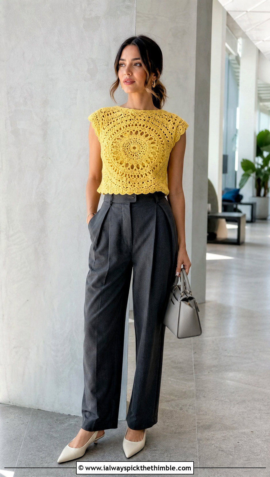 Round Yoke Crochet Mandala Crop Top With Tailored Trousers - 25 crochet mandala top outfit ideas