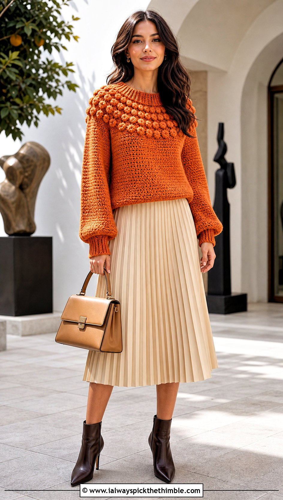 Round Yoke Crochet Puff Stitch Sweater With Midi Skirt - 20 Crochet Puff Stitch Sweater outfit ideas