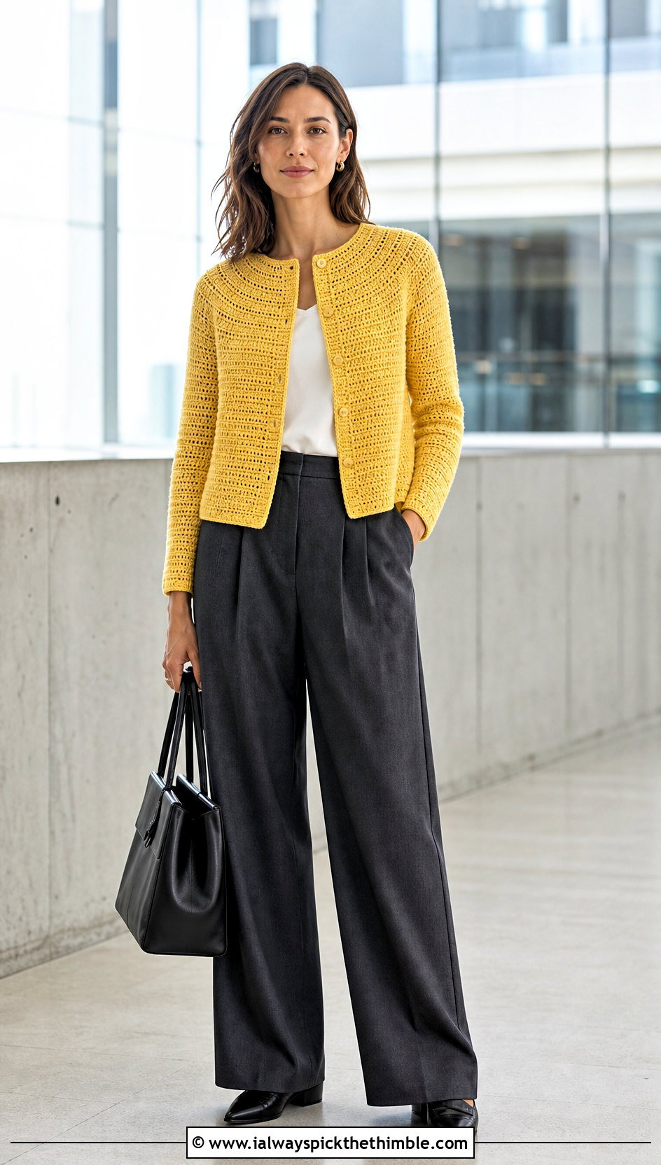 Round Yoke Crochet Seamless Cardigan With Pleated Trousers - 20 Crochet Seamless Cardigan outfit ideas