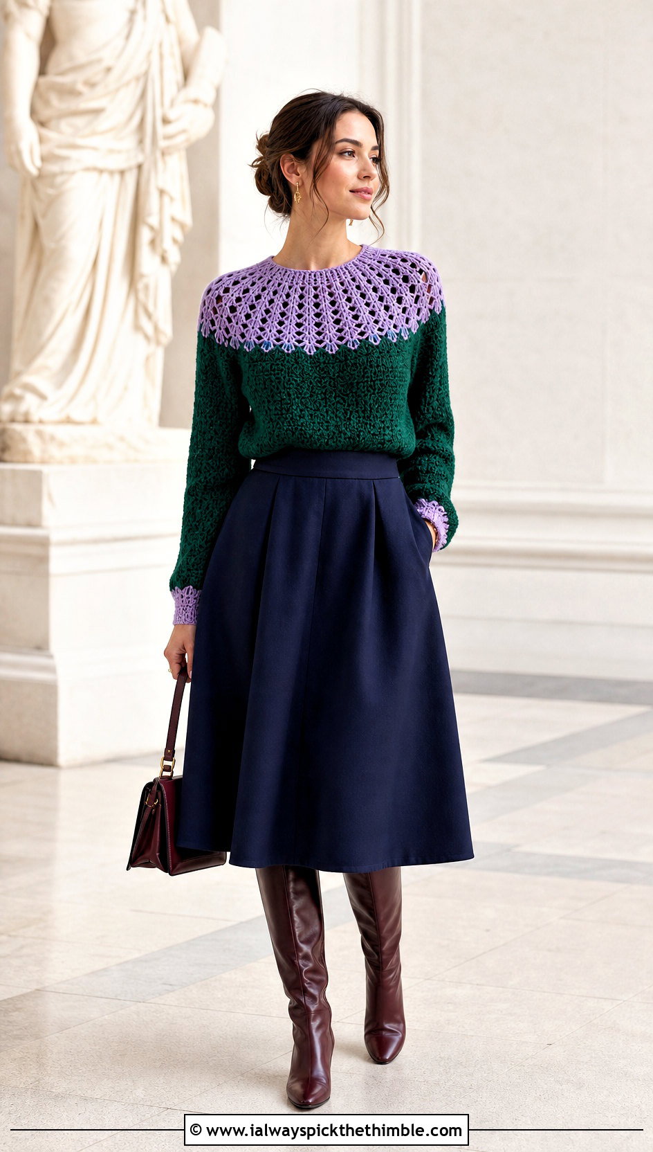 Round Yoke Crochet Sweater With A Line Midi Skirt - 20 crochet sweater inspiration outfit ideas