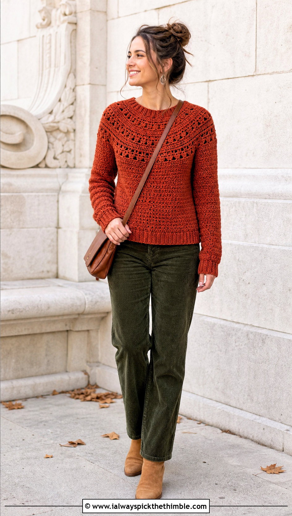 Round Yoke Crochet Sweater With Corduroy Pants - 20 Fire Crochet Sweater outfit ideas