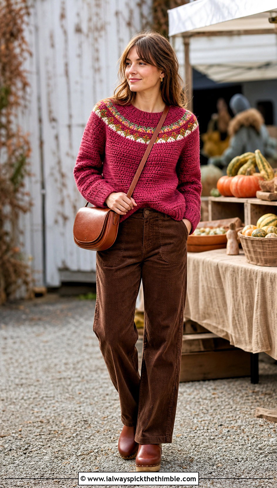 Round Yoke Crochet Sweater With Corduroy Pants - 20 handmade crochet sweater outfit ideas