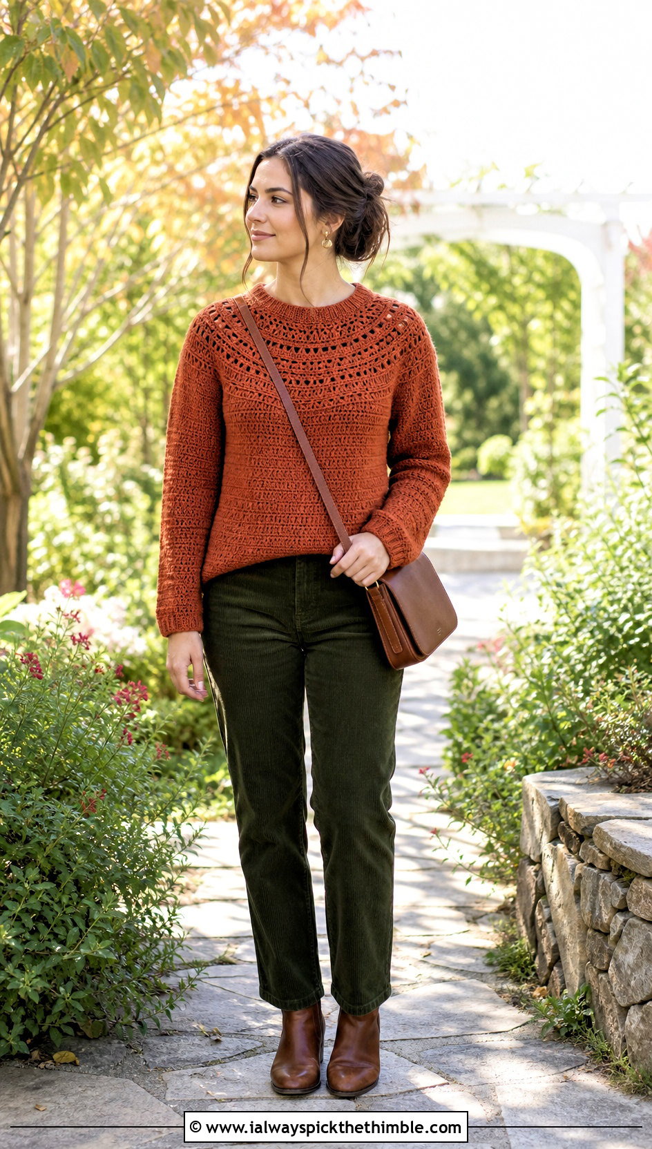 Round Yoke Crochet Sweater With Corduroy Pants - 20 Knit And Crochet Sweater outfit ideas