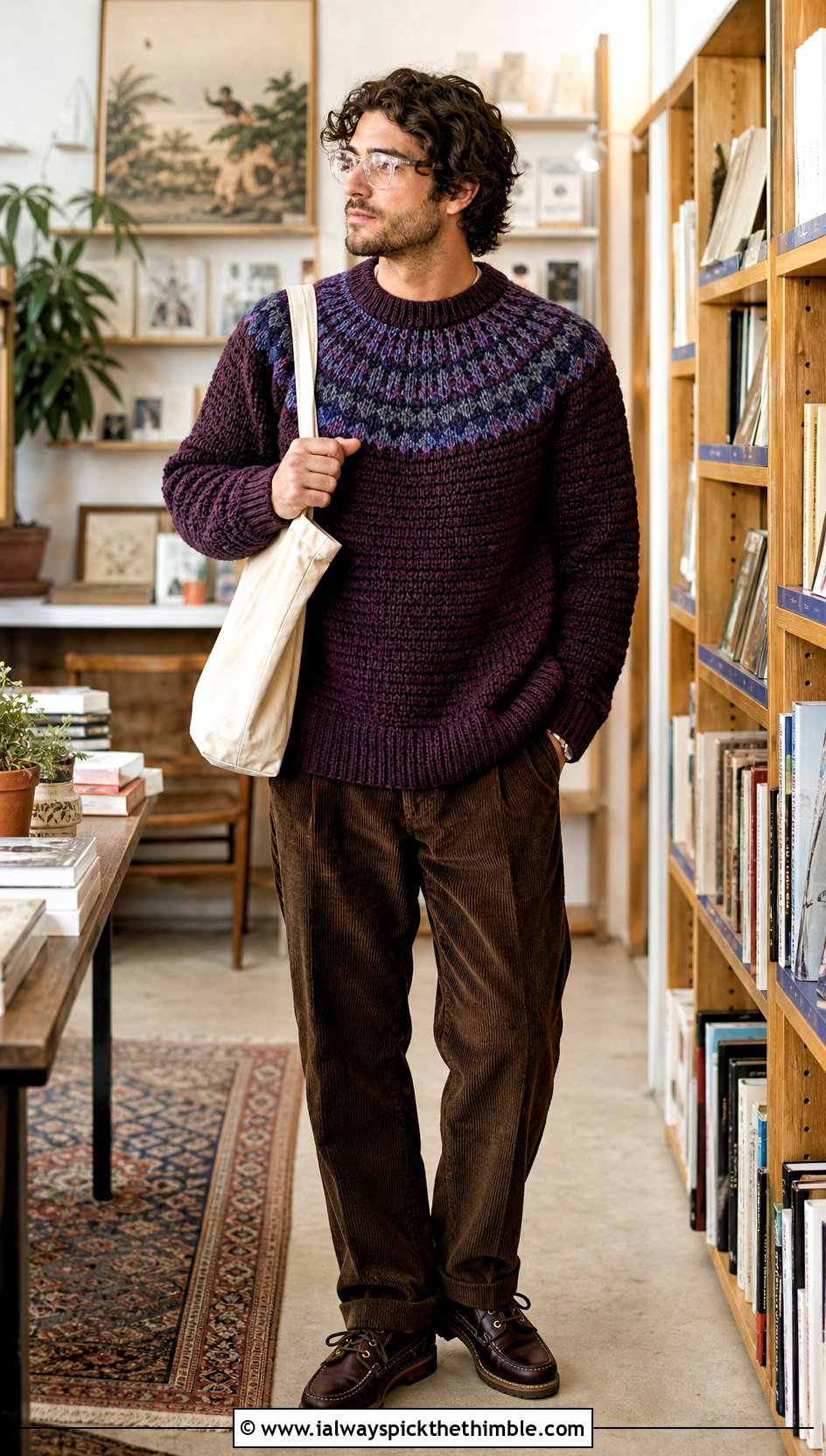 Round Yoke Crochet Sweater With Corduroy Pants - 20 men's crochet sweater outfit ideas