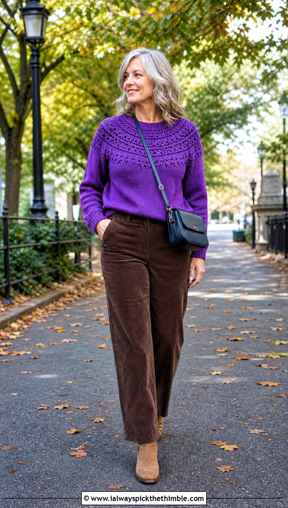 Round Yoke Crochet Sweater With Corduroy Pants - 25 crochet sweater outfit ideas