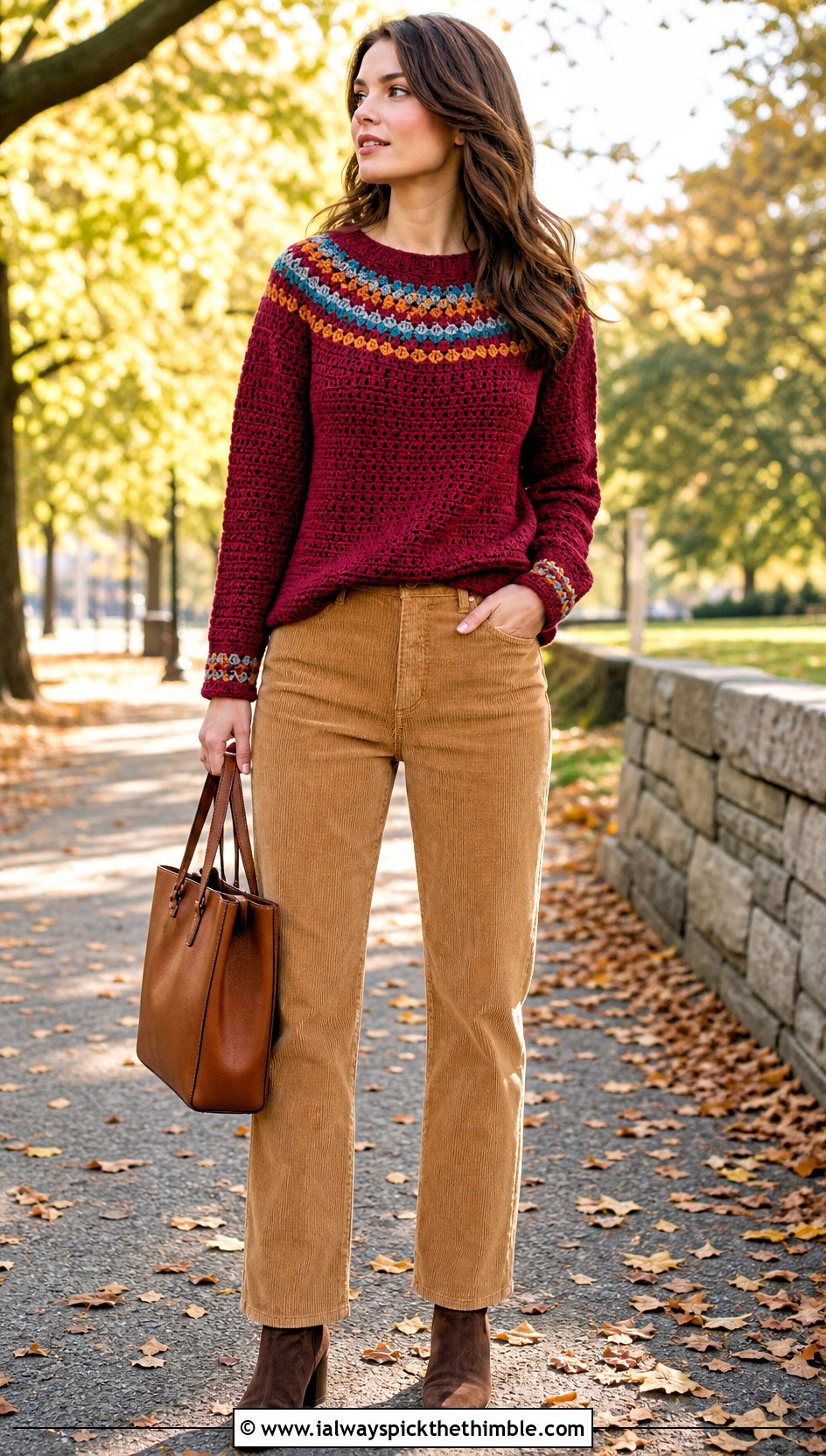 Round Yoke Crochet Sweater With Corduroy Pants - 25 simple crochet sweater outfit ideas