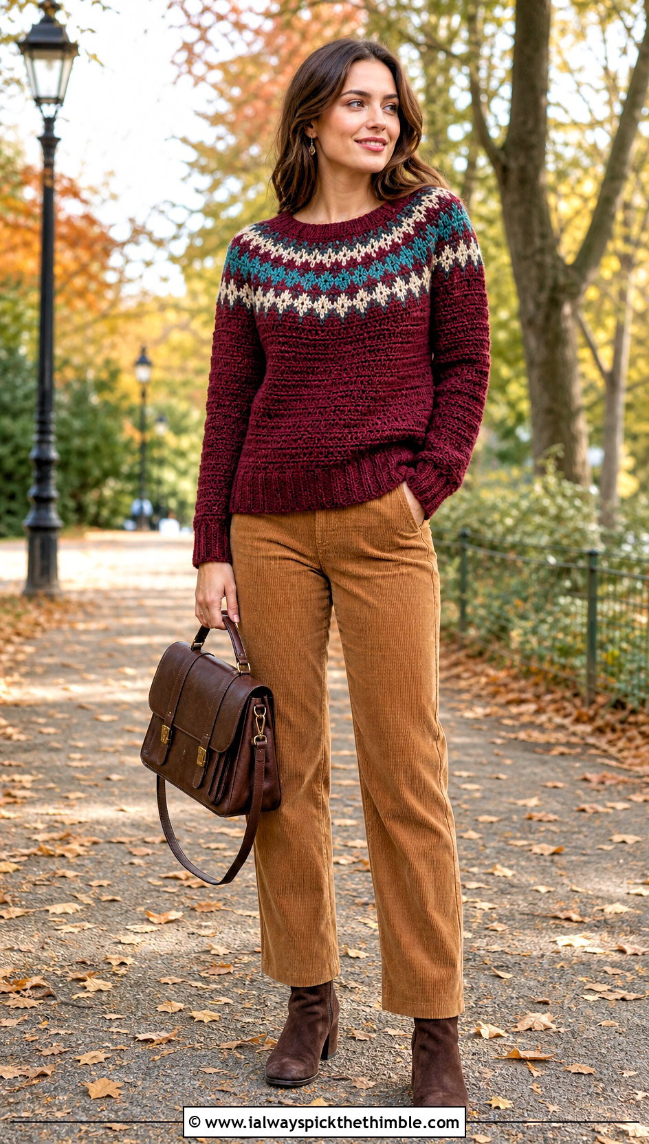 Round Yoke Crochet Sweater With Corduroy Pants - 15 Crochet Comfy Sweater outfit ideas