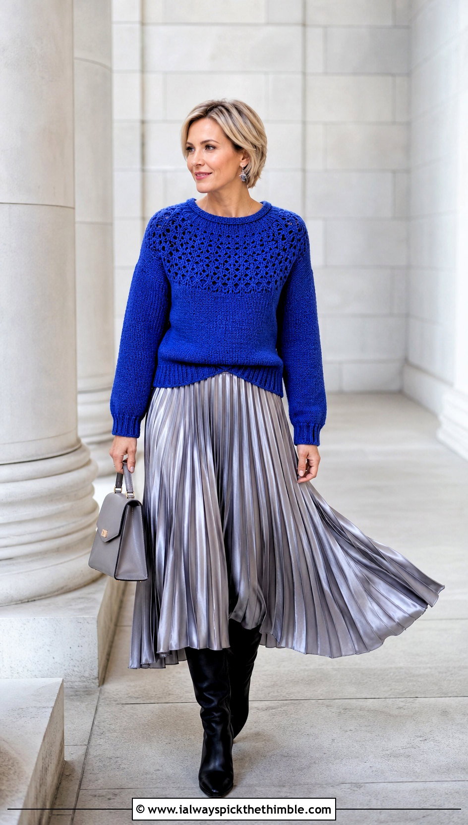 Round Yoke Crochet Sweater With Pleated Midi Skirt - 20 Woman Crochet Sweater outfit ideas