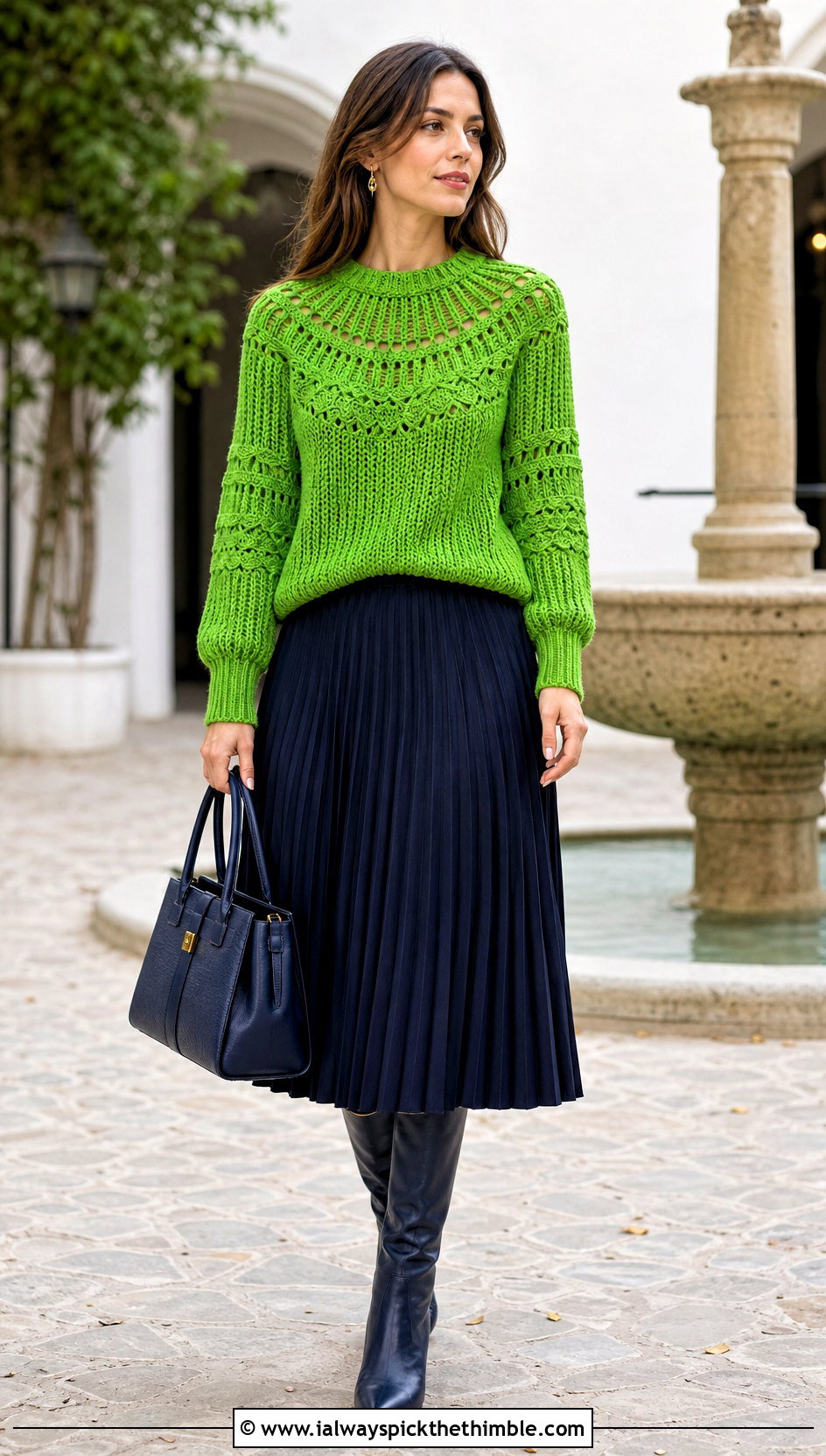 Round Yoke Crochet Sweater With Pleated Midi Skirt - 15 Crochet Sweater Aesthetic outfit ideas