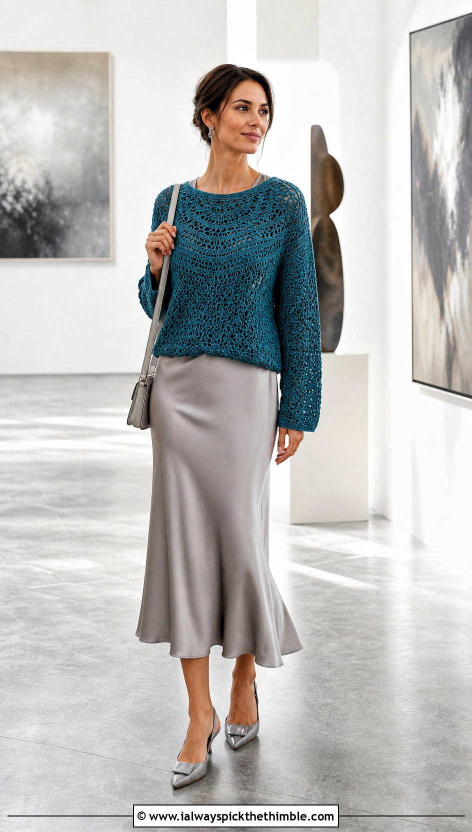 Round Yoke Crochet Sweater With Satin Midi Skirt - 20 Basic Crochet Sweater outfit ideas