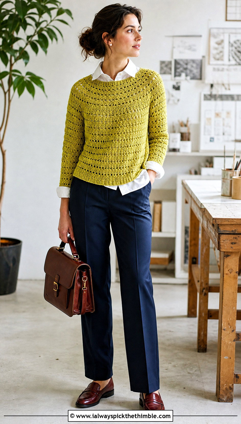 Round Yoke Crochet Sweater With White Shirt And Trousers - 15 Boho Style Crochet Sweater outfit ideas