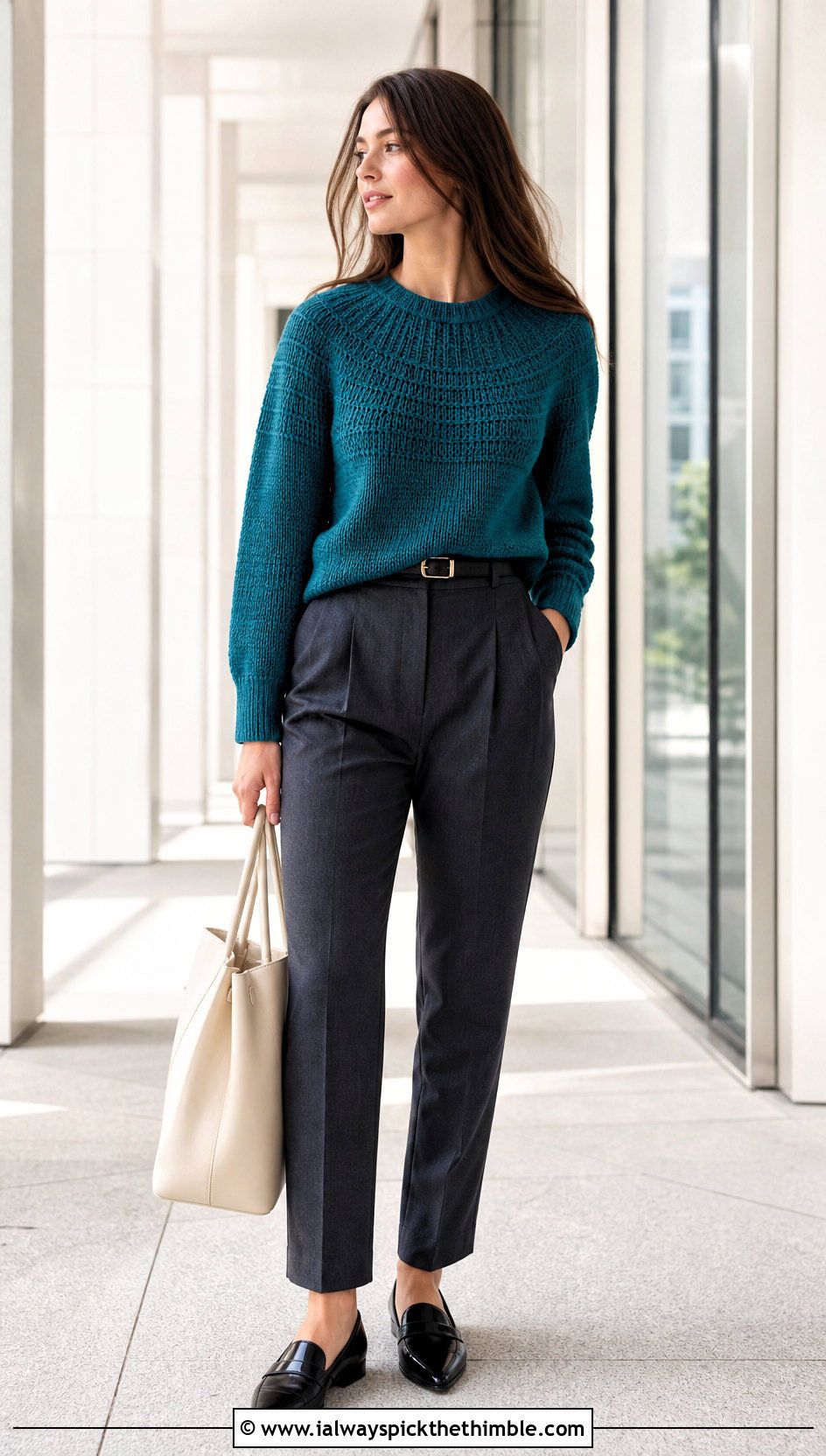 Round Yoke Crochet Top Down Sweater With Tailored Trousers - 15 Crochet Top Down Sweater outfit ideas
