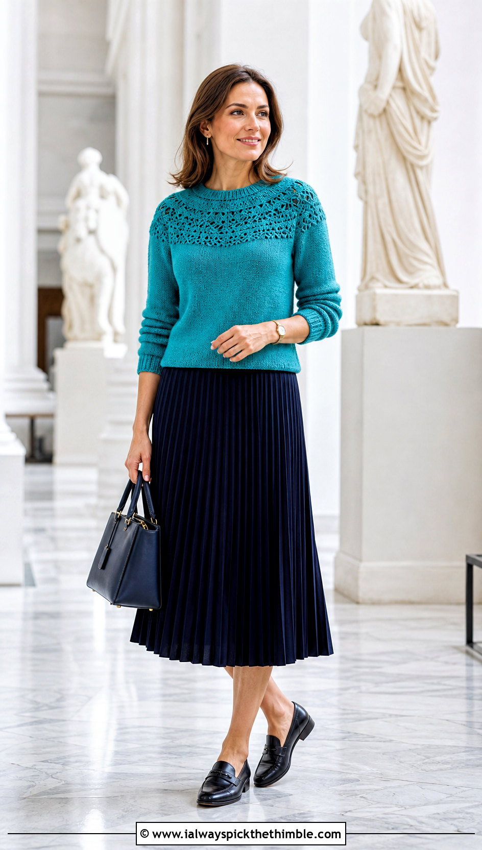 Round Yoke Crocheted Sweater With Pleated Midi Skirt - 20 Crocheted Sweater Outfit ideas