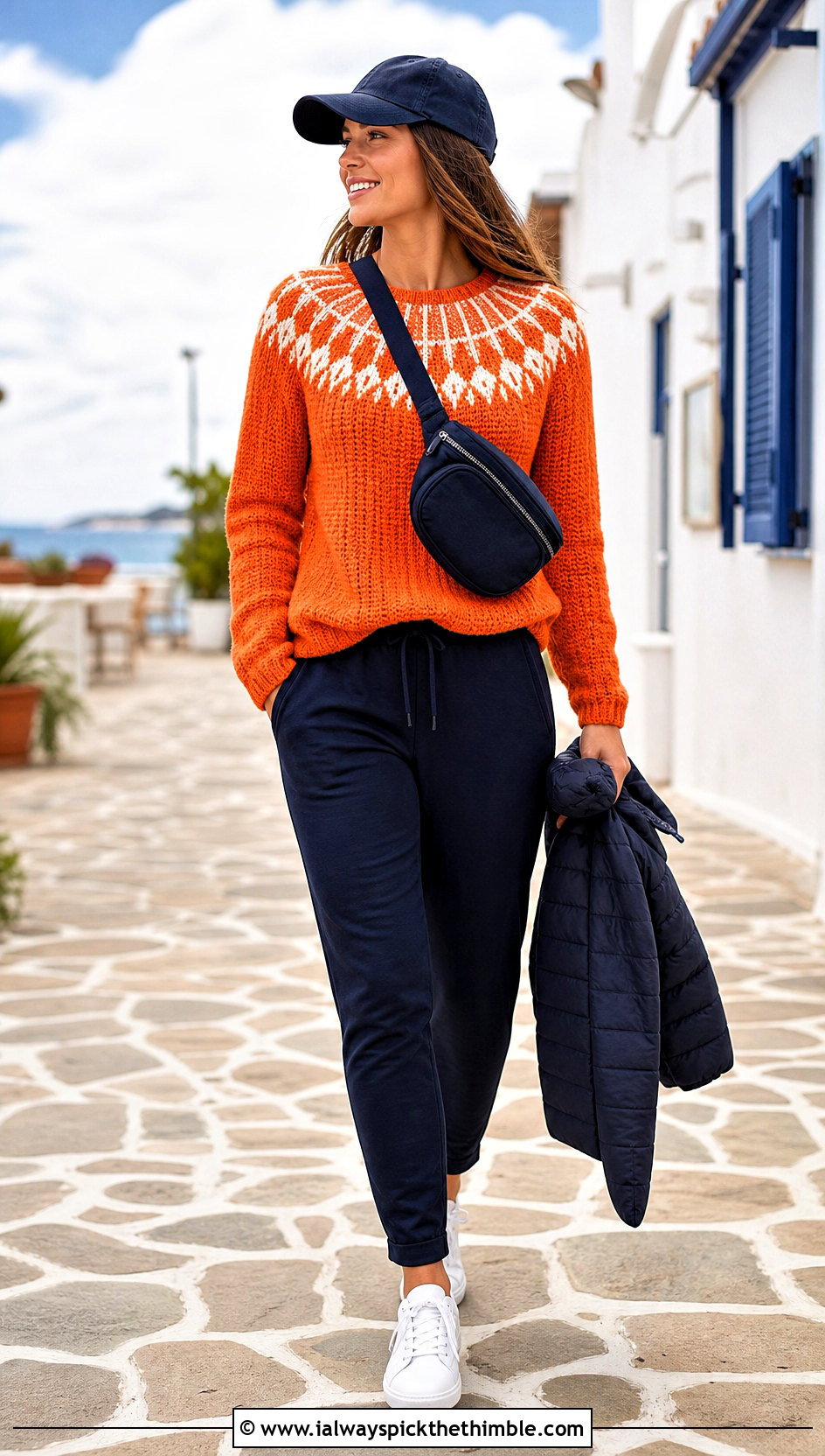 Round Yoke Orange Crochet Sweater With Track Pants - 15 orange crochet sweater design outfit ideas