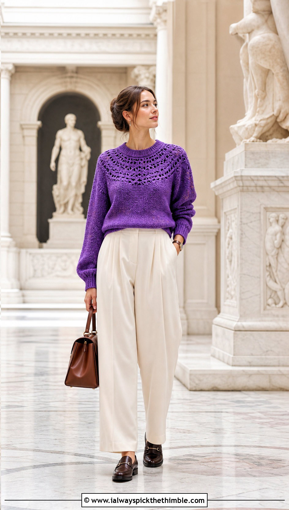 Round Yoke Soft Crochet Sweater With Pleated Trousers - 15 Soft Crochet Sweater outfit ideas