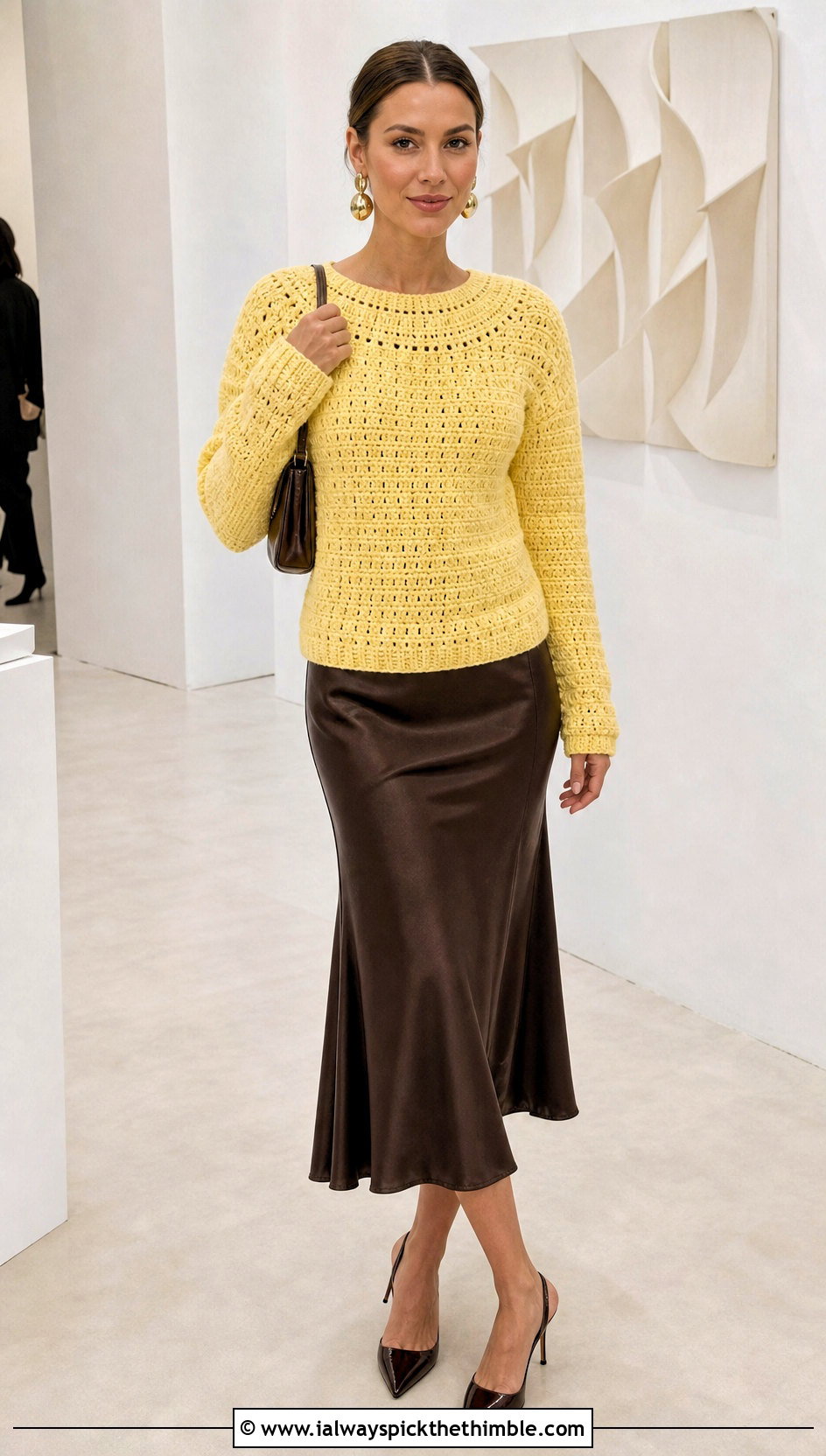Round Yoke Top Down Crochet Sweater With Satin Skirt - 15 Easy Top Down Crochet Sweater outfit ideas