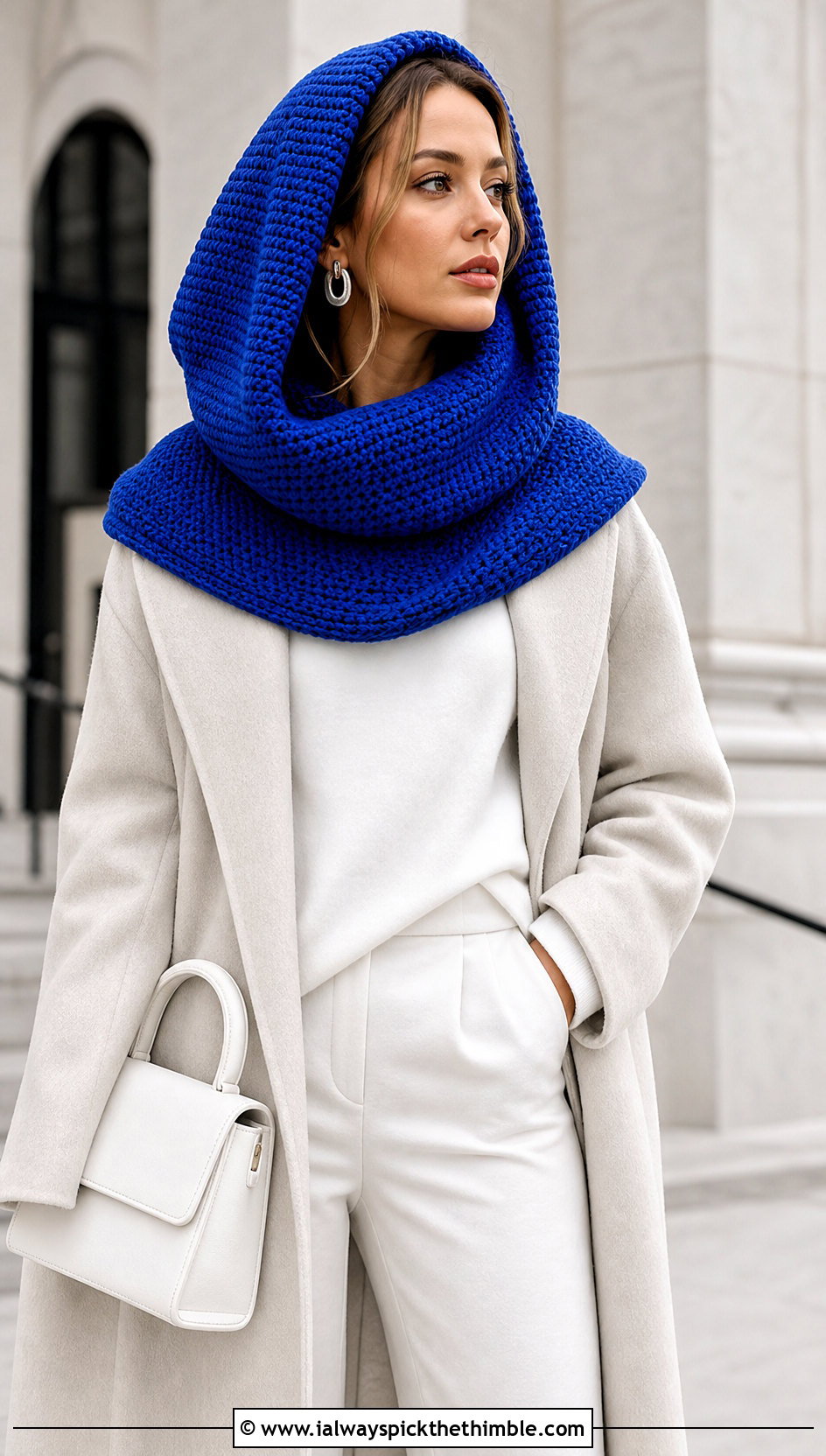 Rounded Hooded Scarf With Monochrome Separates - 20 Crochet Hoodie Scarf outfit ideas