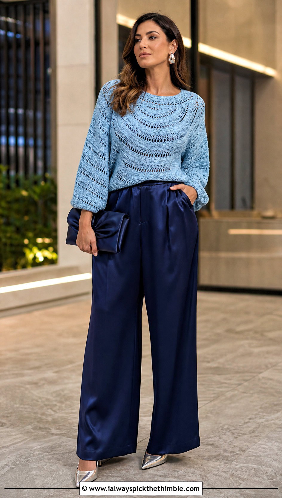 Rounded Ripple Crochet Sweater With Satin Pants - 25 wavy crochet sweater outfit ideas