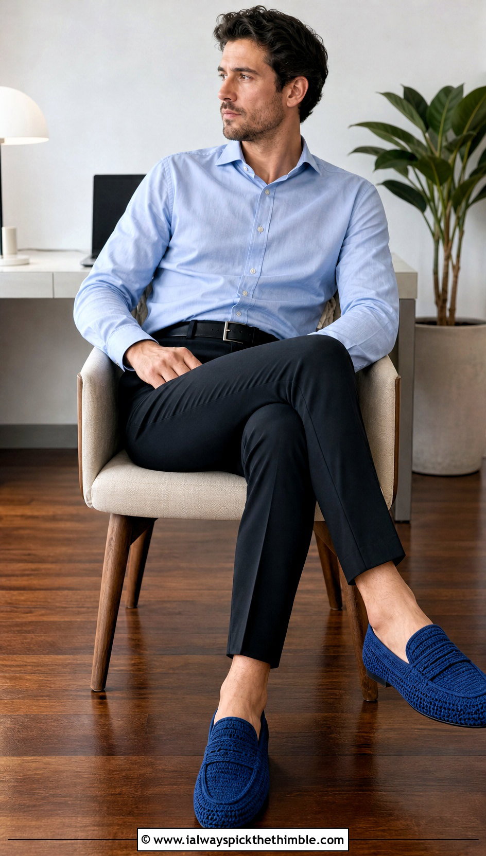 Royal Blue Loafer Crochet Slippers With Tailored Pants - 15 blue crocheted slippers on wooden floor outfit ideas