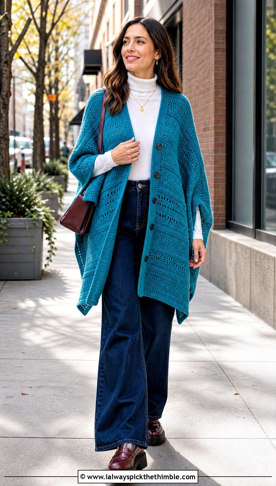 Ruana Buttoned Crochet Wrap With Wide Leg Jeans - 15 Buttoned Crochet Wrap outfit ideas