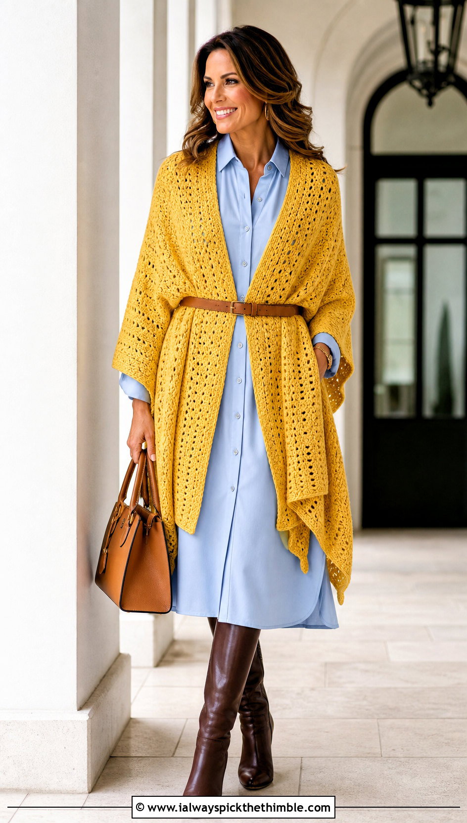 Ruana Crochet Blanket Shawl With Belted Shirt Dress - 20 crochet blanket shawl outfit ideas