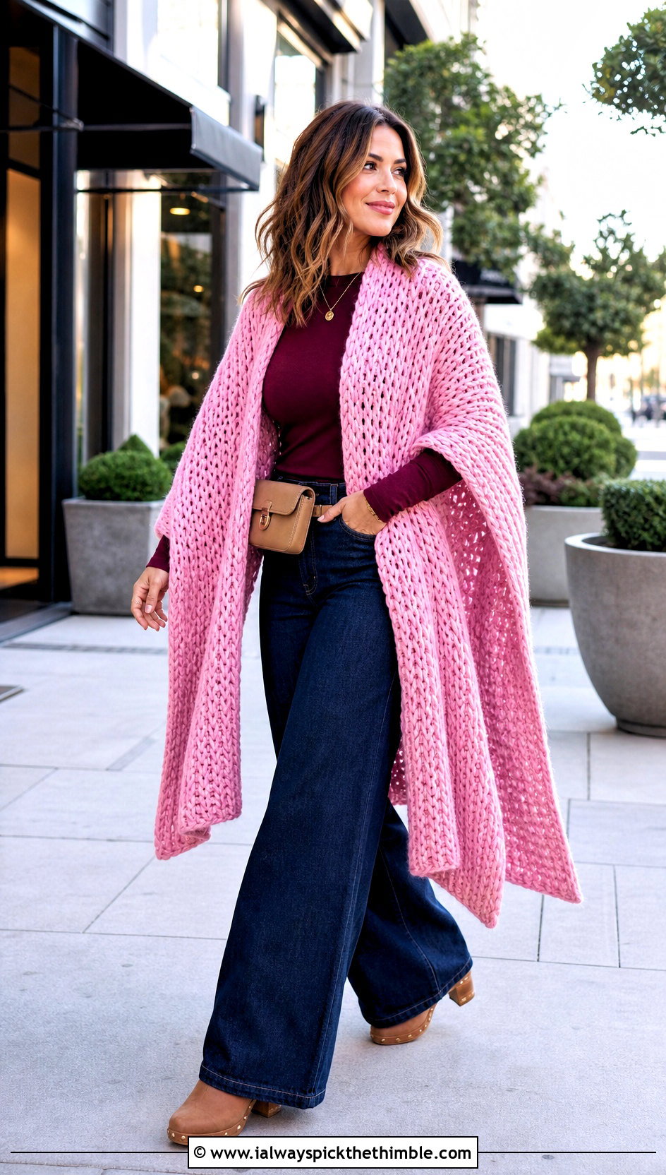 Ruana Crochet Chunky Shawl With Wide Leg Jeans - 20 Crochet Chunky Shawl outfit ideas