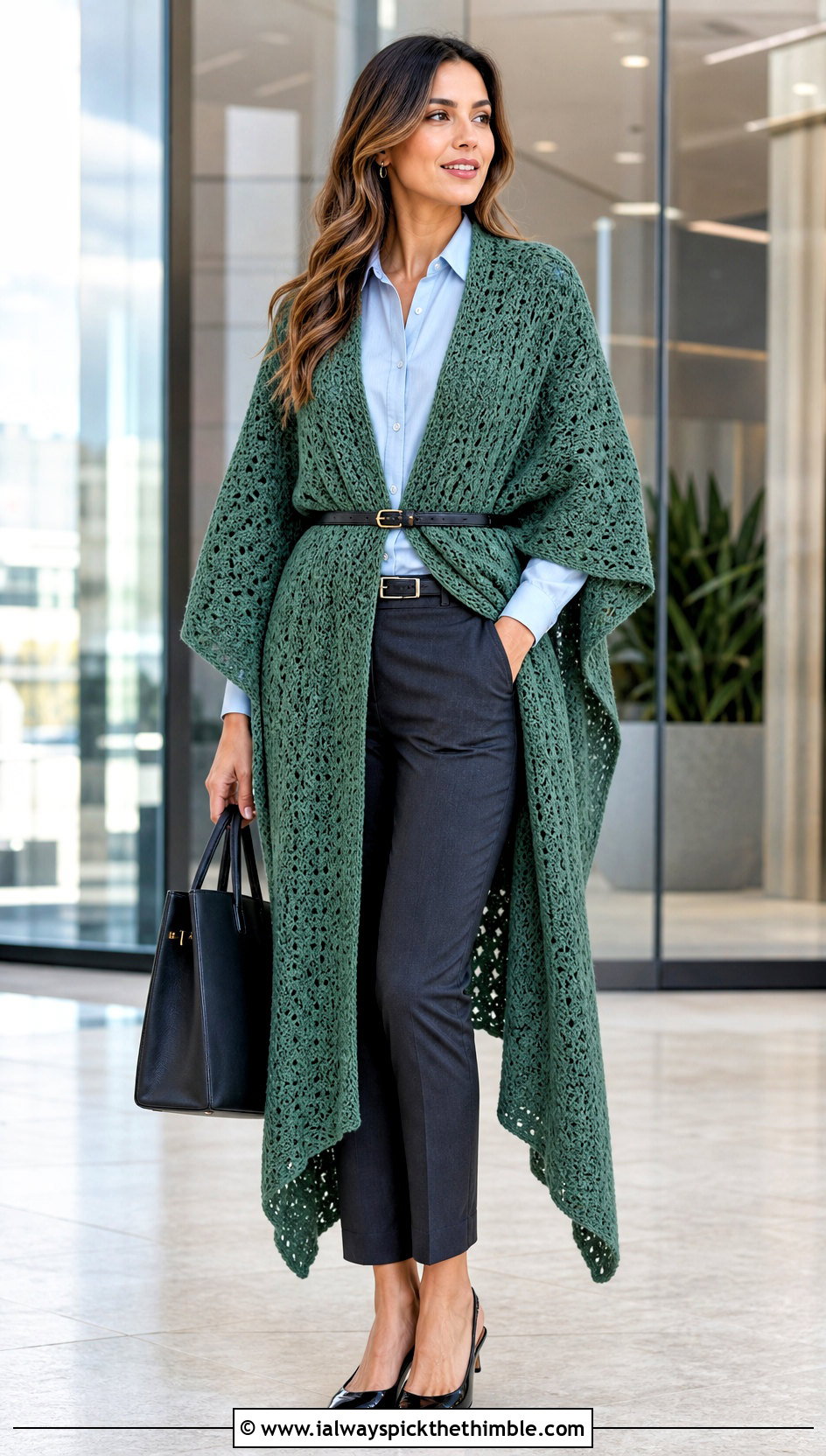 Ruana Crochet Long Shawl With Belted Workwear - 20 Crochet Long Shawl outfit ideas