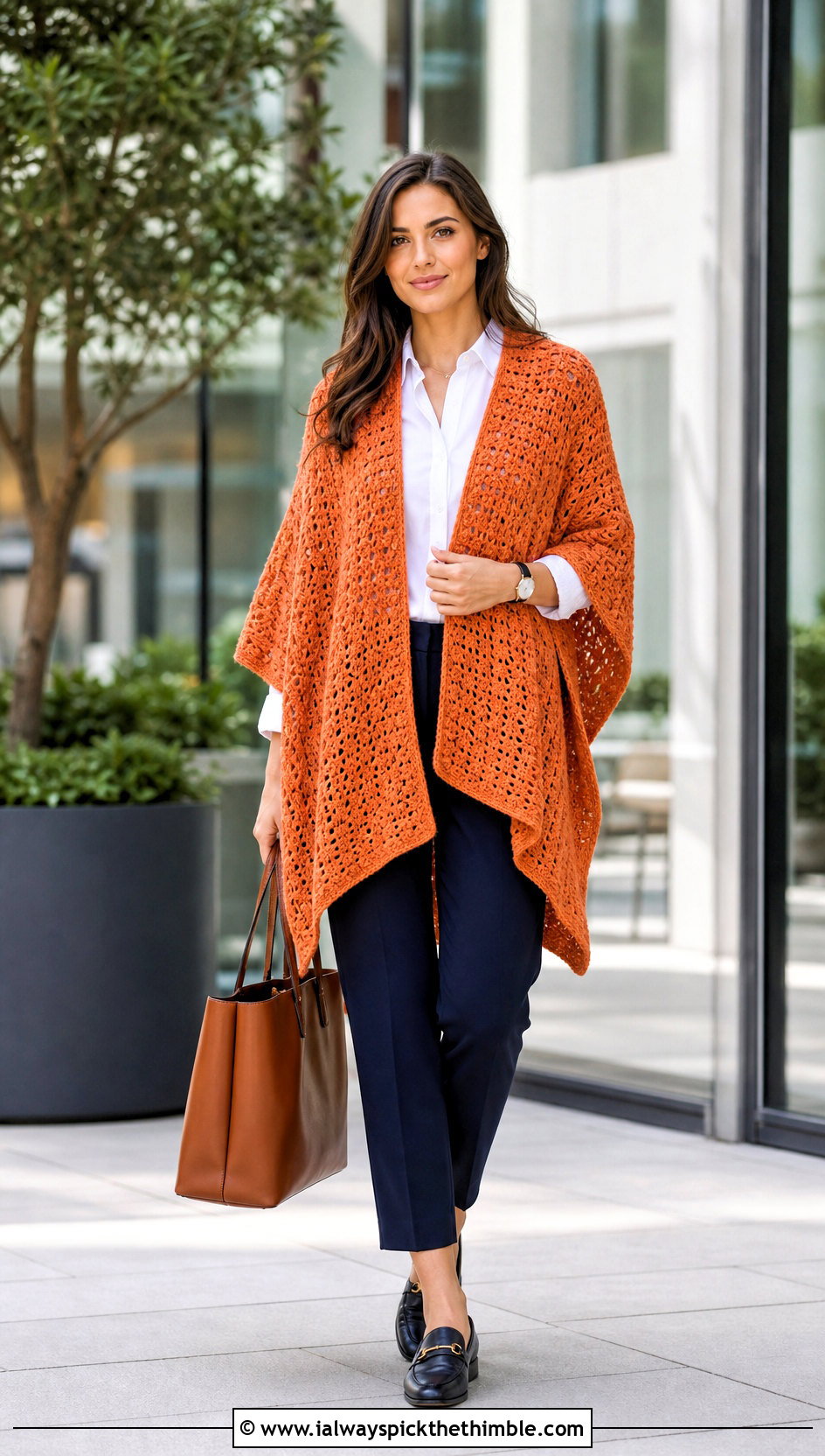 Ruana Crochet Poncho With Tailored Trousers - 20 ladies crochet poncho outfit ideas
