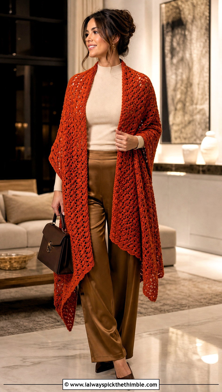 Ruana Crochet Shawl Scarf With Satin Pants - 20 crochet shawl scarf outfit ideas