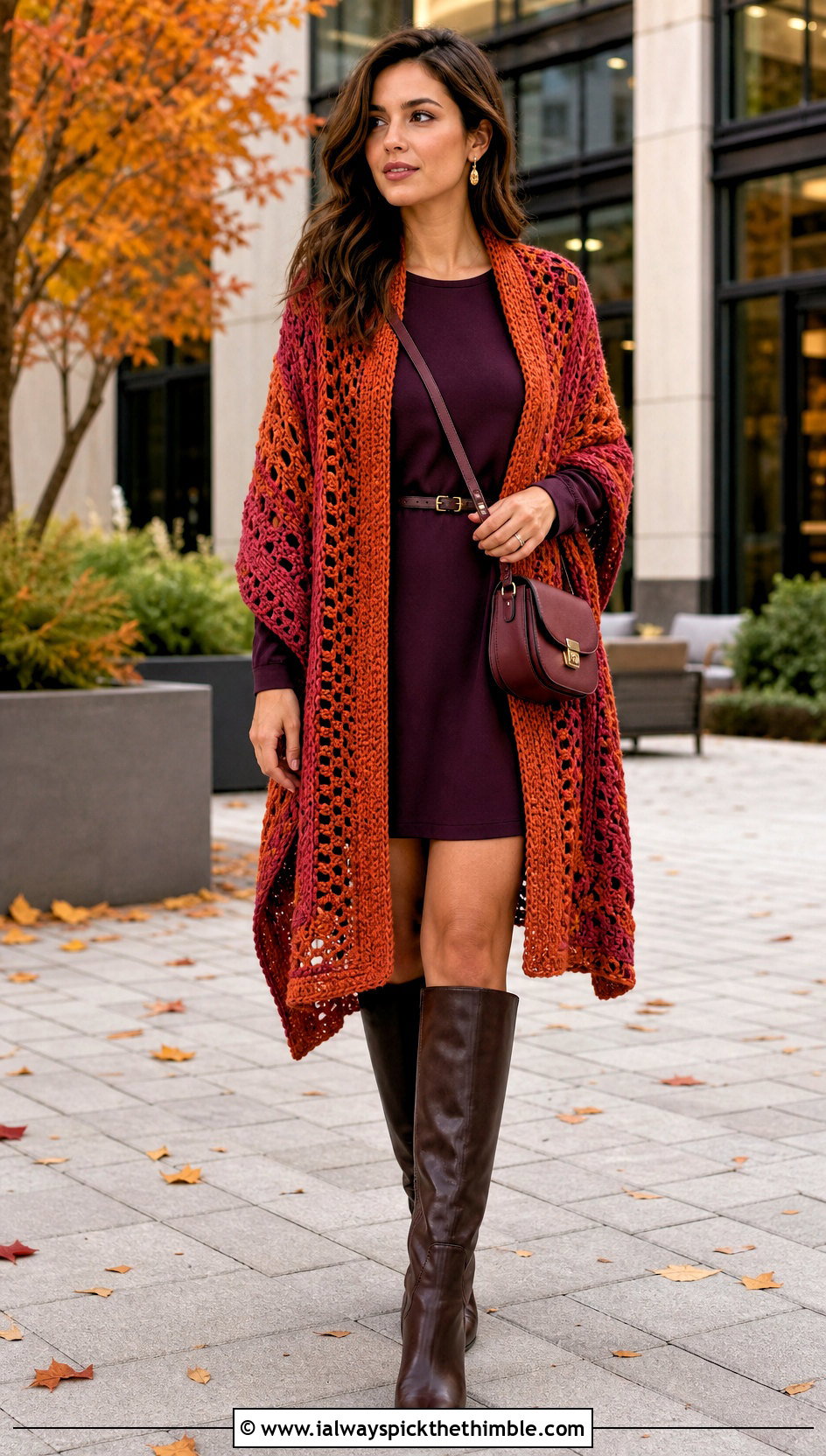 Ruana Crochet Shawl With Belted Mini Dress - 20 Elegant Crochet Shawl outfit ideas