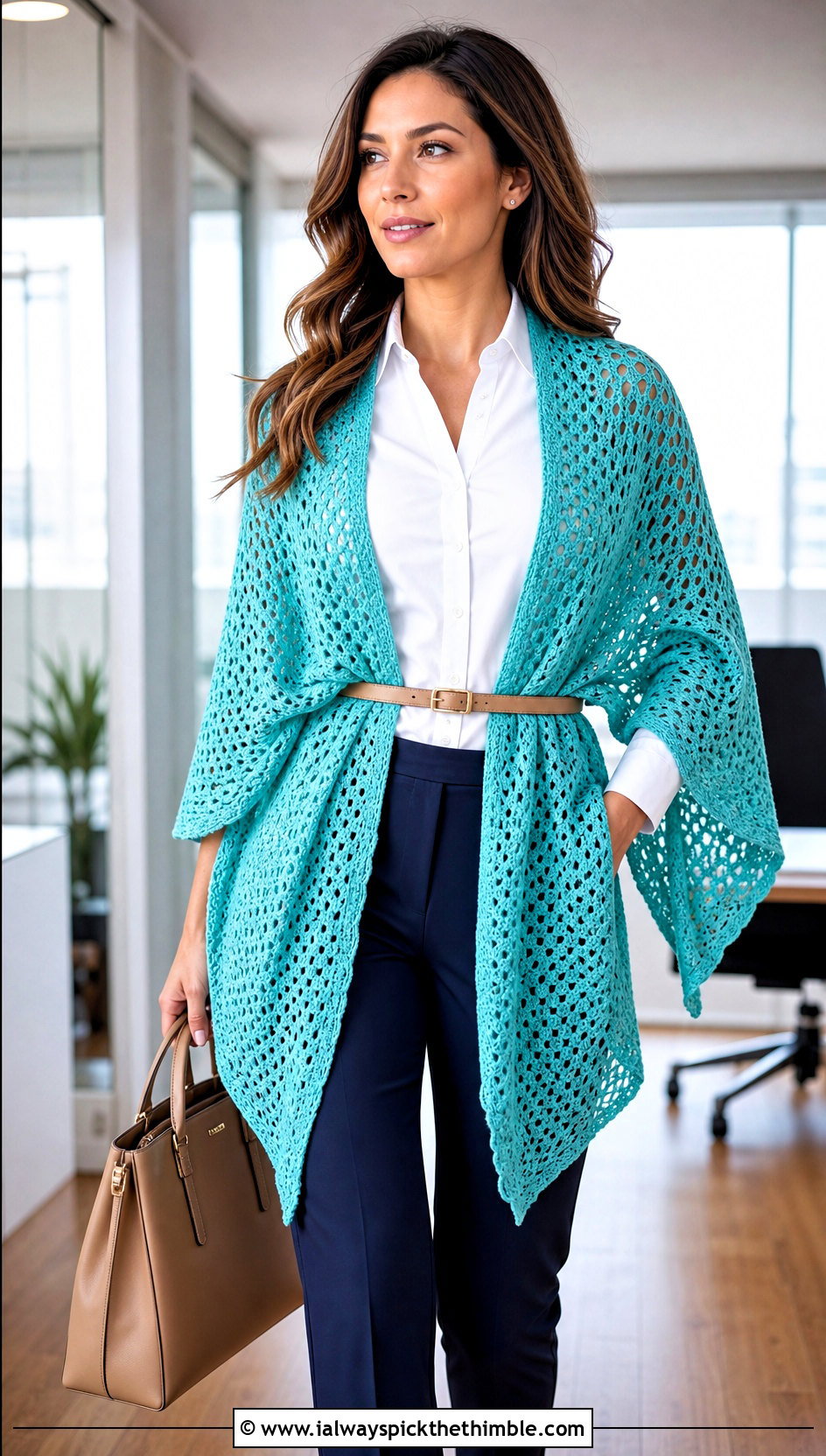 Ruana Crochet Shawl With Belted Workwear - 25 quick crochet shawl outfit ideas