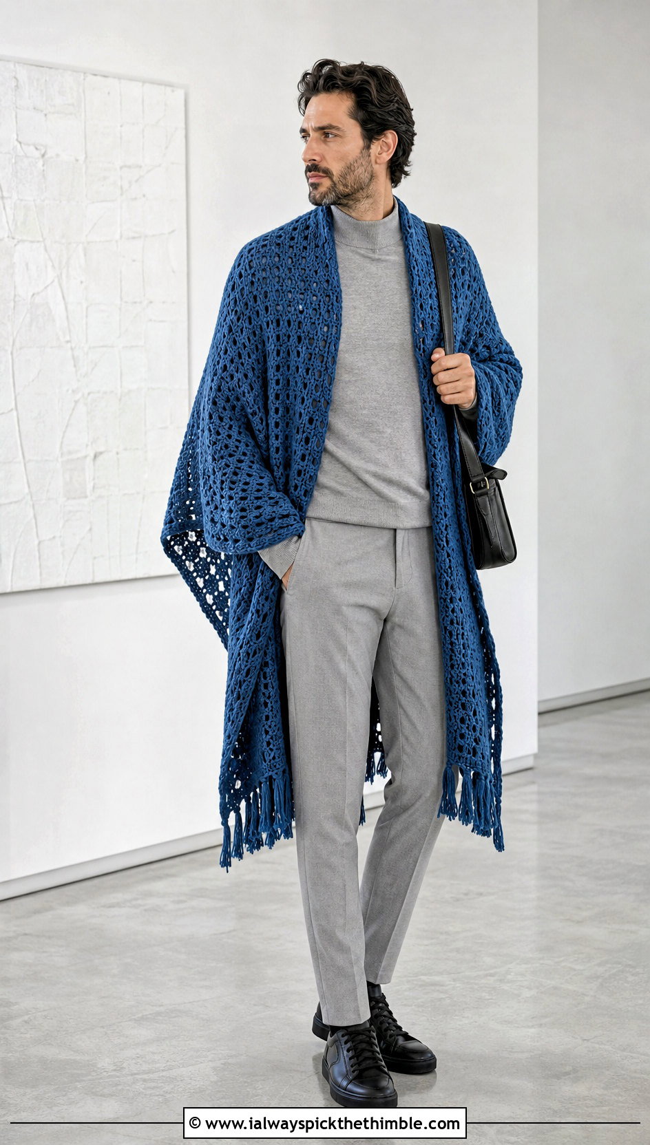 Ruana Crochet Shawl With Monochrome Layers - 20 crochet shawl for men outfit ideas