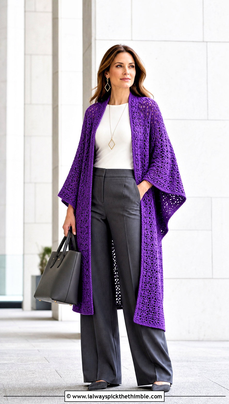 Ruana Crochet Shawl With Sleeves And Wide Leg Trousers - 25 crochet shawl with sleeves outfit ideas