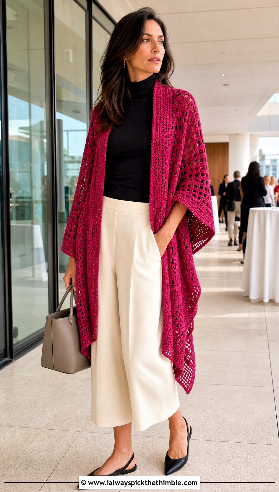 Ruana Crochet Shawl With Turtleneck And Culottes - 20 Spring Crochet Shawl outfit ideas